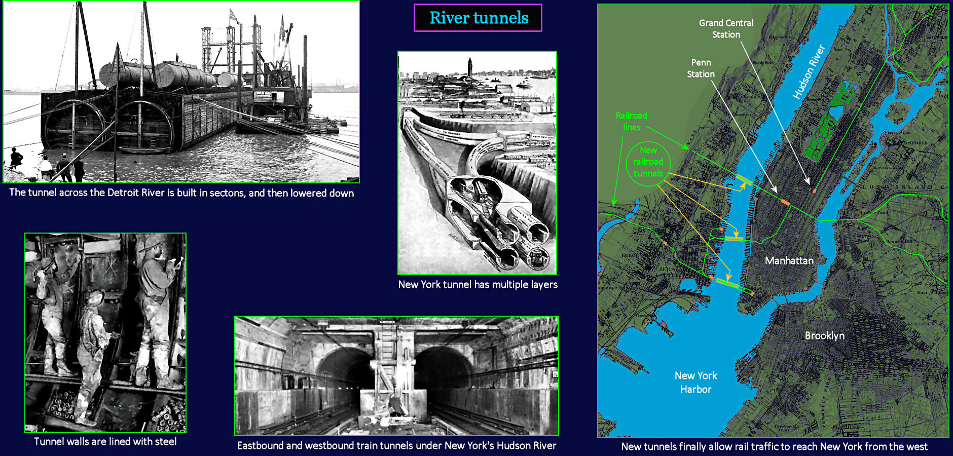 Railroad river tunnels, 1920s map